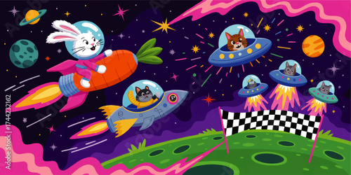 Cute Rabbit and Cat Space Race Illustration - Cartoon Animals in Rockets and UFOs Competing in Colorful Outer Space Scene for Kids
