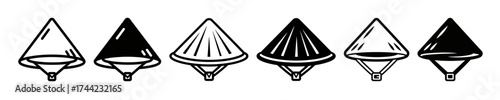 Collection of conical asian hats, some filled black, some outlined