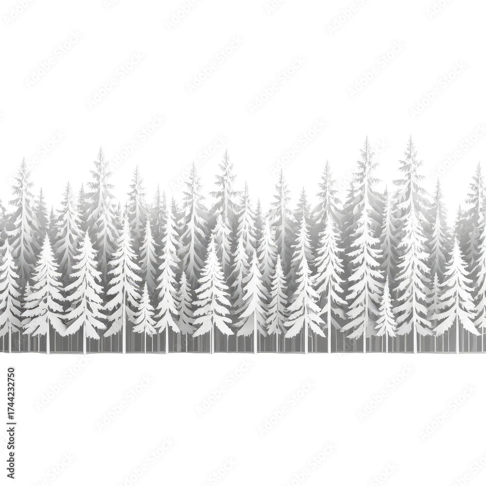 Obraz premium Silhouette of a forest of wintery white pine trees on black background