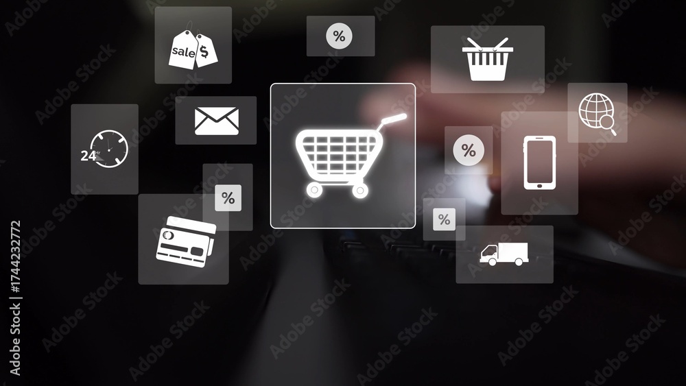 Naklejka premium Omni-channel marketing and online shopping strategies, cross-platform customer experience, brand unification, and integrated marketing communication across digital channels. Muxer