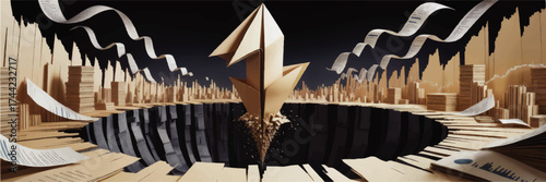 Abstract Paper Rocket Launching from Stacks of Documents Over Black Abyss, Symbolizing Innovation, Business Progress, Data Growth