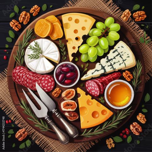 Gourmet Charcuterie Board with Cheese, Meats, Fruits, Nuts, and Honey on Rustic Wooden Platter – Top View Food Illustration
