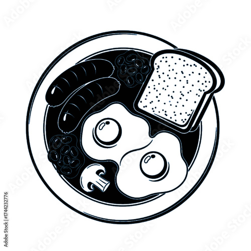 Classic english breakfast drawing with toast, eggs, sausages, beans, and tomatoes