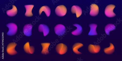 Gradient aura blobs with grainy neon noise effect create soft, fluid mesh patterns. Colorful watercolor blur shapes float on transparent background. Ideal PNG for modern graphics and UI designs.