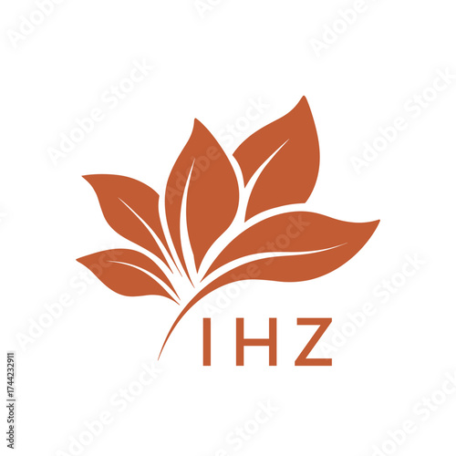 Botanical Nature Logo with Leaves in Brown, IHZ Later Logo, Elegant Plant Emblem with Typography, 
