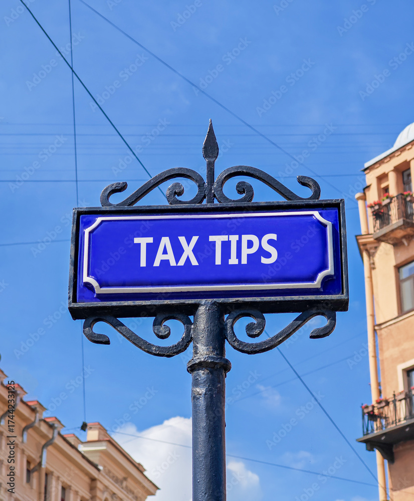 Obraz premium Tax tips symbol. Concept word Tax tips on beautiful blue road sign. Beautiful blue sky and buildings background. Business tax tips concept. Copy space.