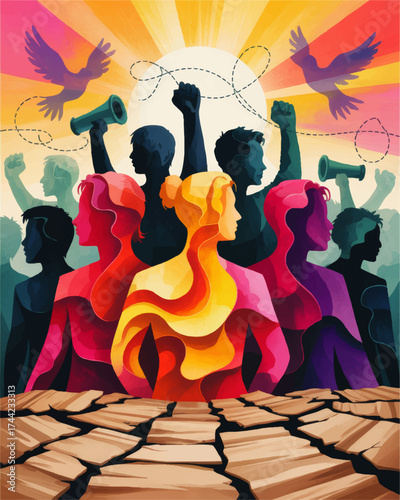 Vibrant Abstract Protest and Activism Illustration – Diverse People United for Social Change, Freedom, and Environmental Justice