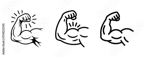Three stylized illustrations of a flexed bicep
