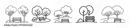 Set of park bench and tree icons
