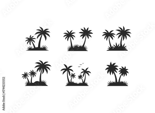 Six black palm tree silhouettes with grass
