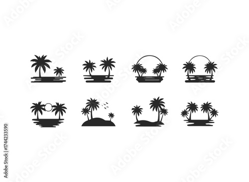 Collection of tropical island and palm tree silhouettes
