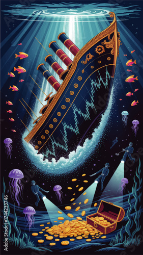 Sinking Luxury Ocean Liner with Financial Graphs, Divers, Sunken Treasure Chest, Gold Coins, and Marine Life Underwater Illustration