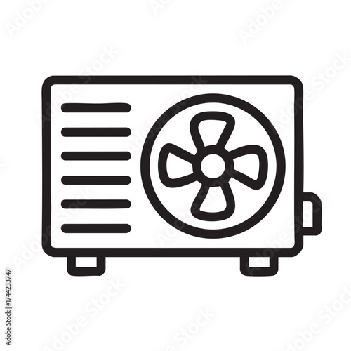 Simple line art illustration of an outdoor air conditioning unit with a fan and vents