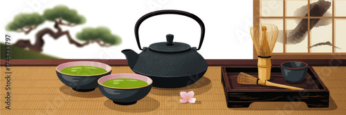 Traditional Japanese Matcha Tea Ceremony with Iron Teapot, Bowls, Bamboo Whisk, Tatami Mat, and Shōji Window Illustration