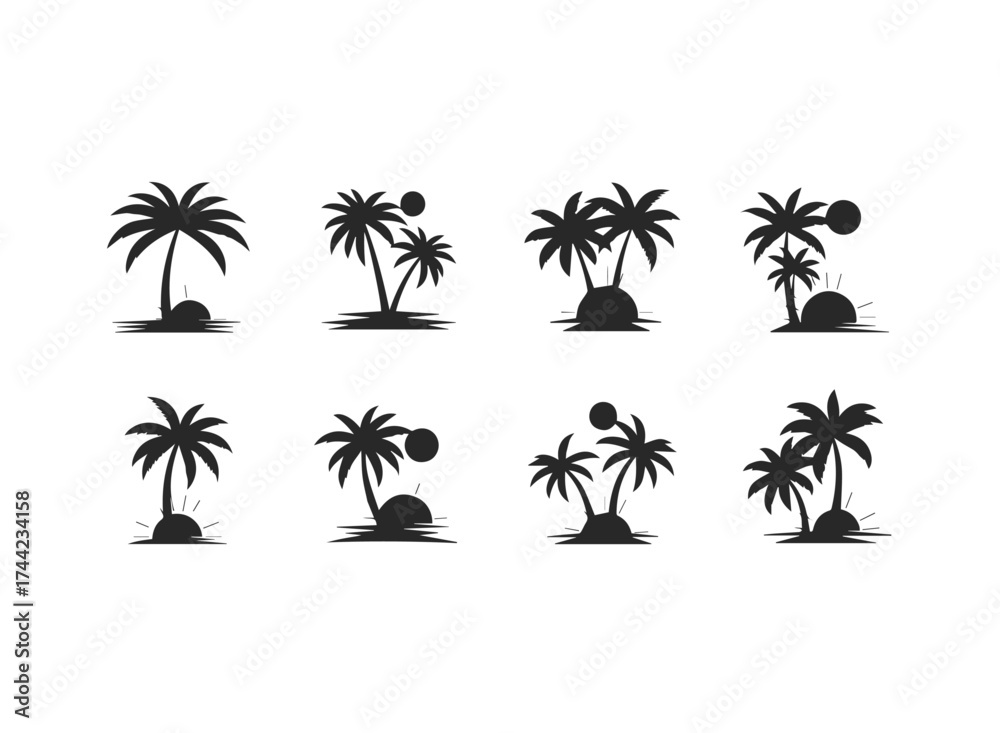 Fototapeta premium Collection of black palm tree and sun silhouette icons on