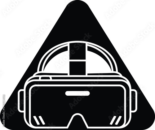 Black and white icon of a virtual reality headset inside a triangle shape on a white background