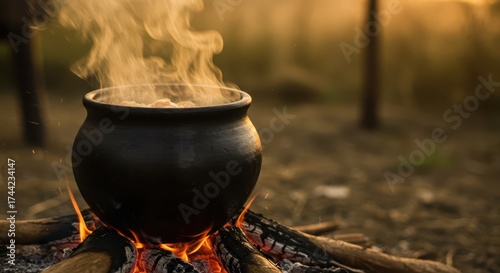 Warm, rustic, and inviting outdoor scene showcases a traditional black cauldron positioned over a crackling campfire, with wisps of fragrant steam rising into the soft, golden light, creating a cozy.