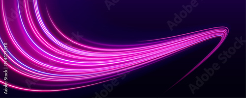 Abstract image of speed motion on the road. Vector glitter light fire flare trace. Dark blue abstract background with ultraviolet neon glow, blurry light lines, waves	