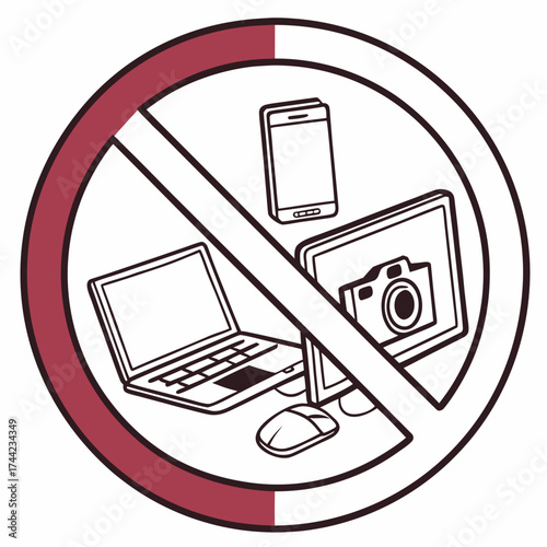 Prohibition sign with icons of a laptop computer tablet with camera and smartphone indicating no electronic devices allowed in this area