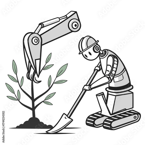 A friendly robot with a hard hat and shovel plants a tree while a robotic arm helps with the sapling in a stylized clean illustration