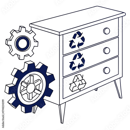 Stylized illustration of a three drawer dresser with recycling symbols on each drawer and two gears beside it