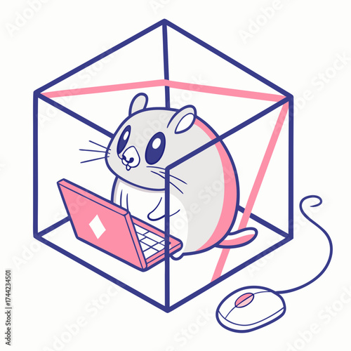 Cute cartoon hamster working on a pink laptop inside a wireframe cube with a computer mouse connected to a wire on a white background