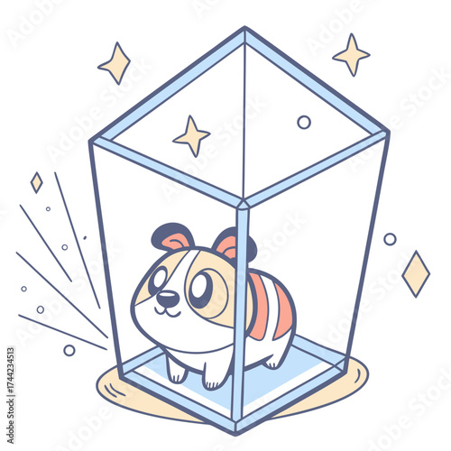 Adorable cartoon corgi dog character inside a clear glass display case with sparkling stars and circles around it