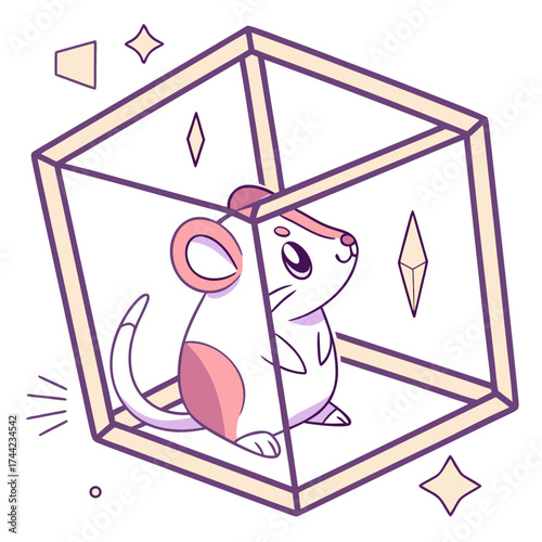 Adorable cartoon hamster with pink accents sitting inside a geometric cube enclosure surrounded by sparkling geometric shapes and lines