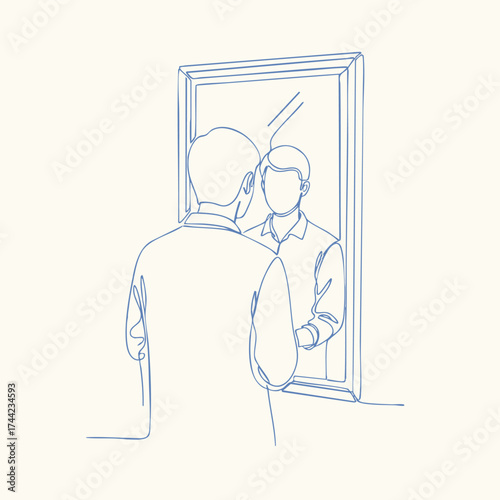 Man Looking at Reflection in a Mirror with a Calm and Thoughtful Expression