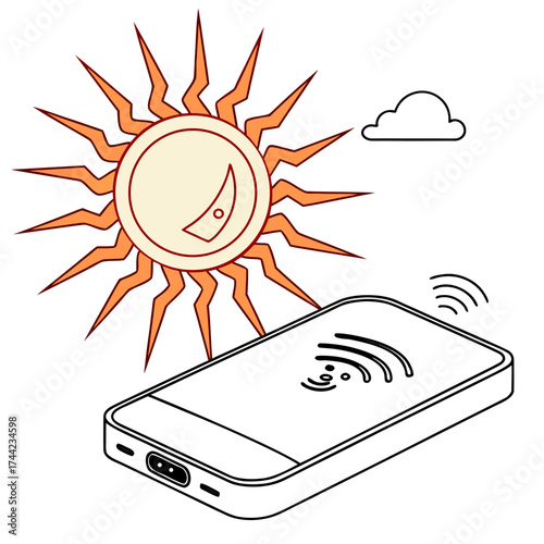Stylized sun with radiating rays and a simple cloud hovering above a smartphone with wireless signal icons indicating connectivity and data transmission