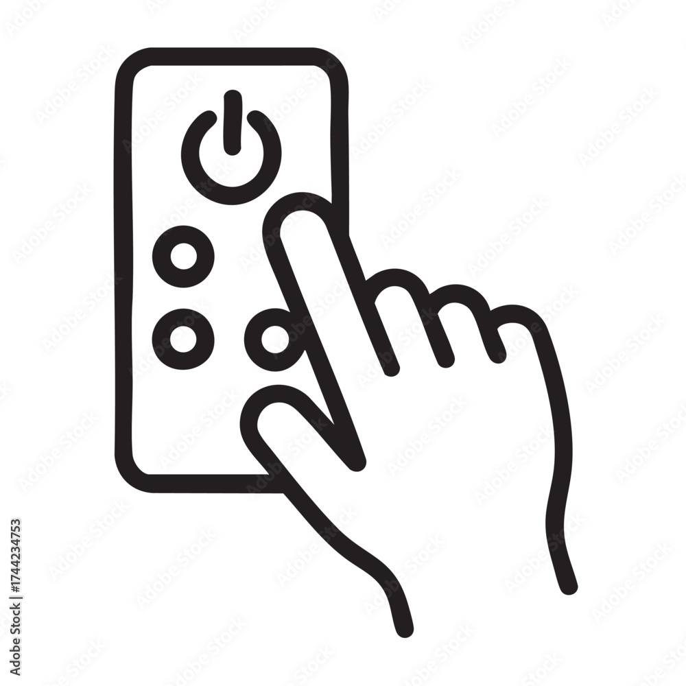 Obraz premium Close up of a human finger pressing the power button on a remote control device with simple line art style