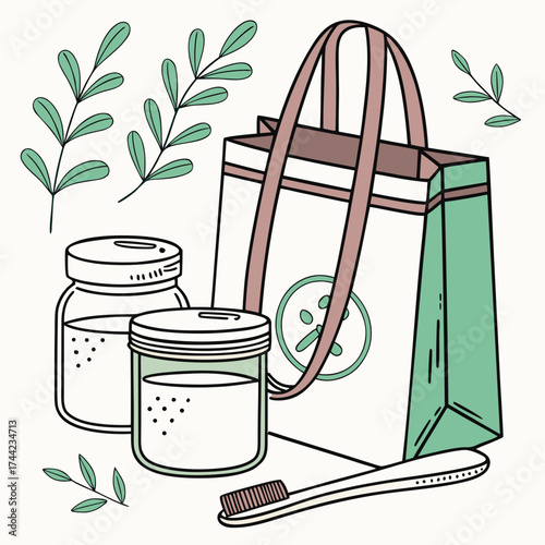 Illustration of reusable shopping bag glass jars and toothbrush surrounded by green leaves representing a sustainable lifestyle and zero waste concept