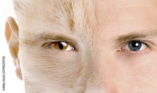 Bild auf Leinwand Young man with half face as cat, double exposure
