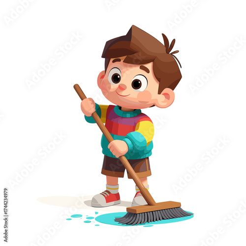 Cartoon boy sweeping floor water with broom in colorful style