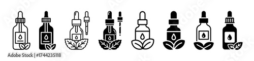 Collection of dropper bottle icons with leaves