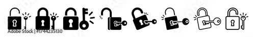 Collection of lock and key icons, some open, some closed