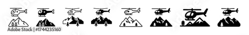 Collection of helicopter icons over mountains and cars