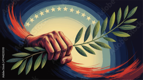 Powerful Hand Holding Olive Branch Symbolizing Peace and Strength, Patriotic Colors, Stars, Abstract Political Concept Illustration