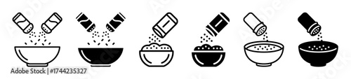 Set of icons showing salt and pepper shakers seasoning bowls