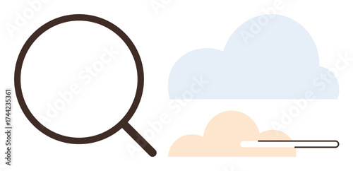 Magnifying glass next to blue and orange clouds with a loading bar, symbolizing search, cloud storage, technology, and analysis. Ideal for research, technology, exploration, cloud services online