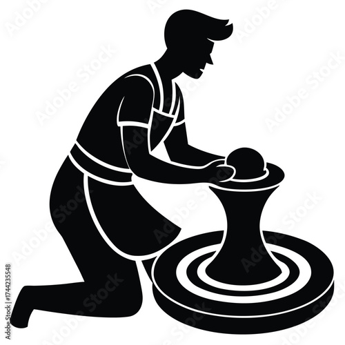 Person Making Pottery on a Wheel in Black and White Silhouette Vector Illustration