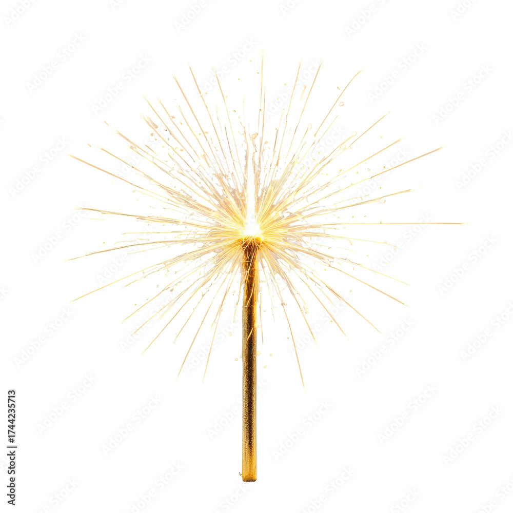 Fototapeta premium A single, lit sparkler against a black background, emitting golden sparks