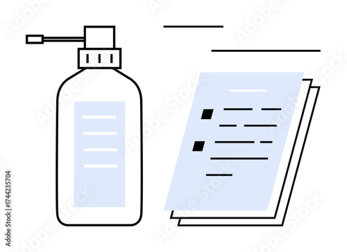 Pump-top sanitizer bottle beside documents with lines and bullet points. Ideal for hygiene, workplace safety, health awareness, productivity, documentation, education, cleanliness. Simple flat