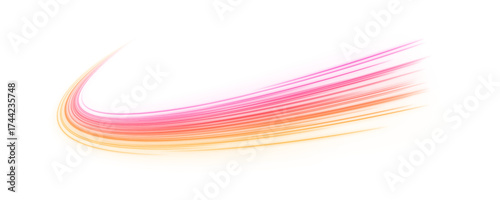 Curved bright speed line swirls. Light trail wave, fire path trace line, car lights, optic fiber and incandescence curve twirl. Abstract neon rays of light on a transparent background in PNG format.	