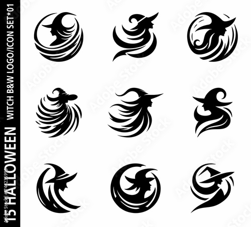 Black and white vector icons with witch silhouettes in circular and flowing shapes. Perfect for Halloween design, decoration, and print projects.