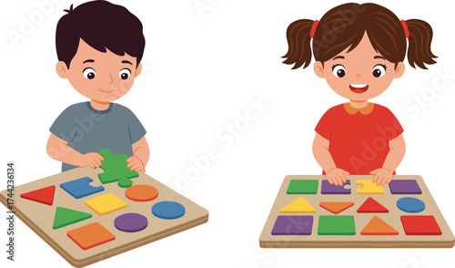 Children sorting colorful geometric shapes on puzzle boards, cartoon vector illustration for early learning, education, creativity, and cognitive development
