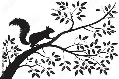 Silhouette of a squirrel climbing a tree branch