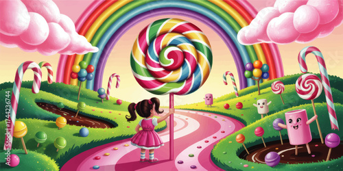 Whimsical Candy Land Landscape with Girl, Giant Lollipop, Rainbows, and Cute Cartoon Sweets – Fantasy Kids Illustration