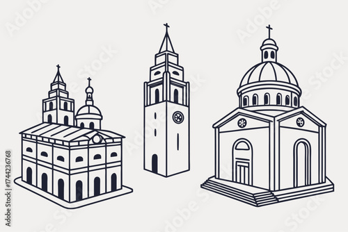 Collection of simple temple icons in black and yellow