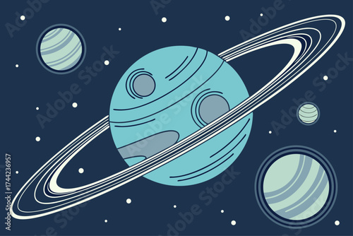 Colorful planet with rings and orbiting moons in space